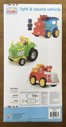 Exciting Light & Sound Train, Tractor, and Fire Truck Set with 3 Action Figures