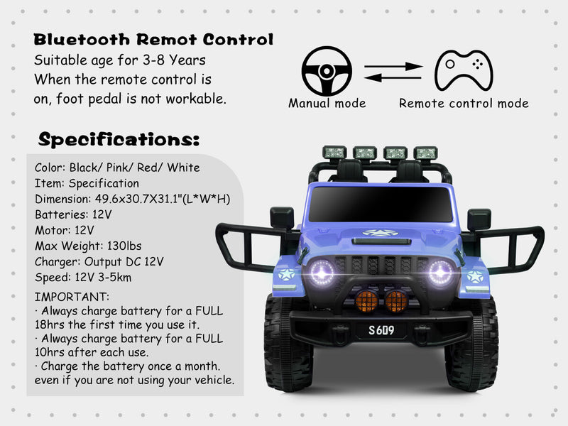 Kids 12V Electric Ride-On Jeep Truck with Remote Control and Powerful Battery