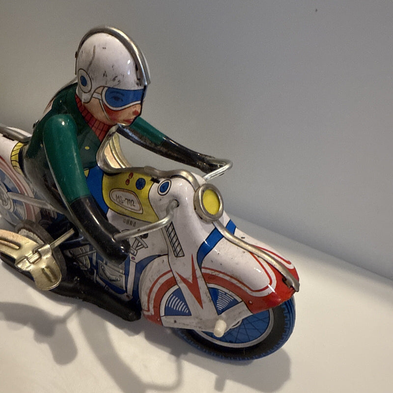 Vintage 1970s Mechanical Wind-Up Tin Toy Motorcycle