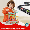 Wooden Car Ramp Play Set with 4 Cars - Montessori Racing Adventure for Toddlers