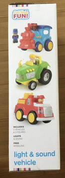 Exciting Light & Sound Train, Tractor, and Fire Truck Set with 3 Action Figures
