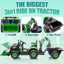 24V Green Remote Control Kids Excavator Tractor with Dump Truck and Bulldozer Attachments