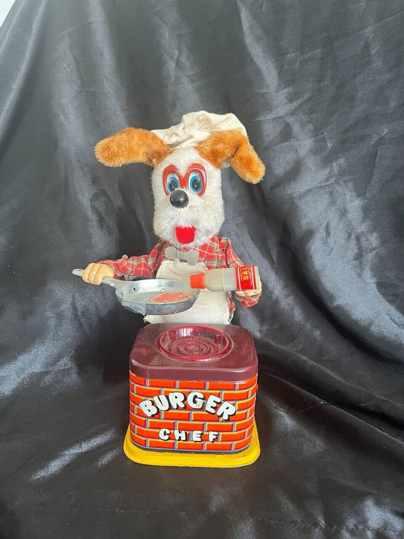 1950s Battery-Operated Burger Chef Dog Toy with Chef Hat by Yonezawa Japan