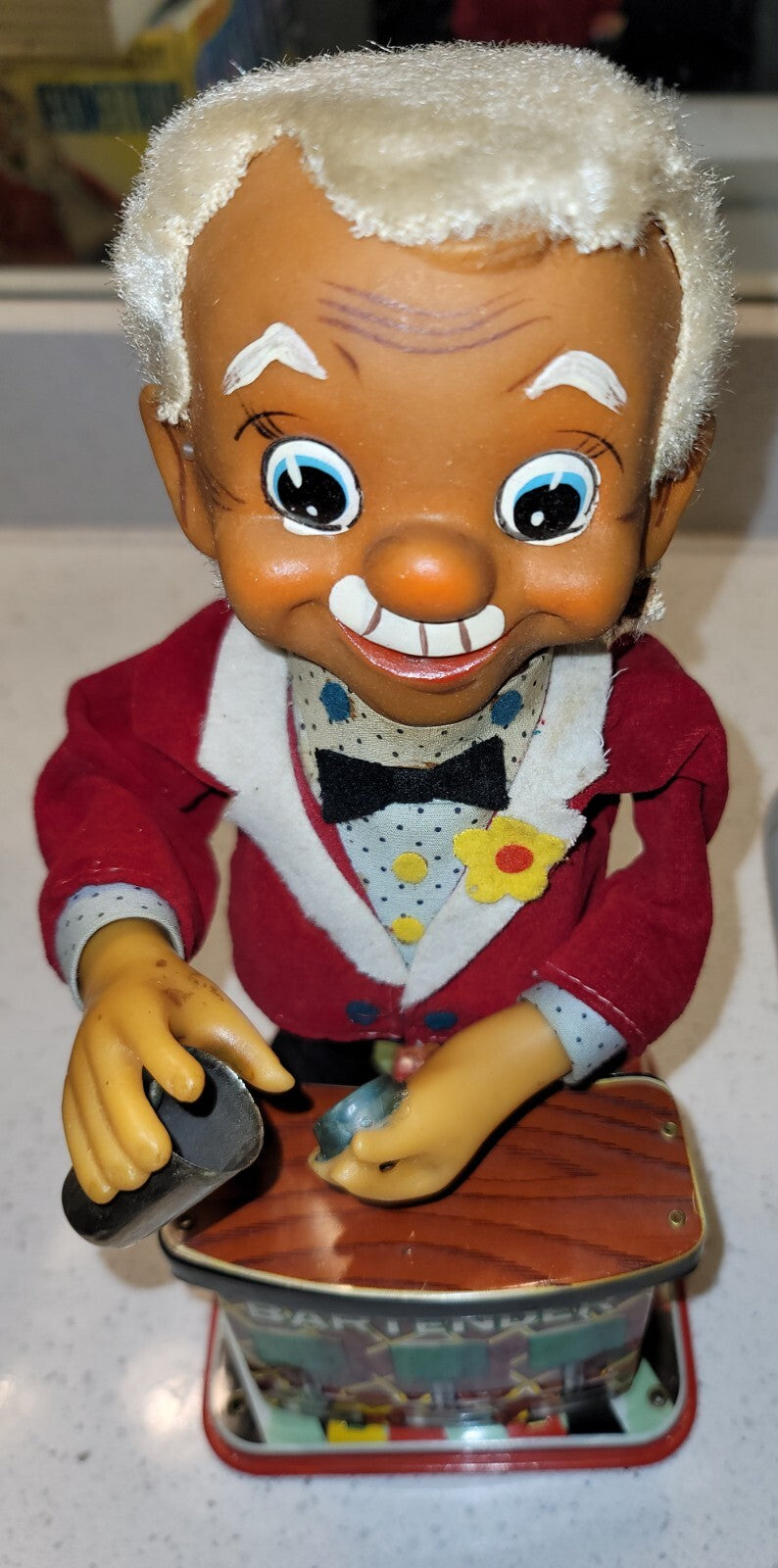 Battery-Operated Mechanical Tin Bartender Toy with Working Smoke and Dark Skin Design