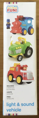 Exciting Light & Sound Train, Tractor, and Fire Truck Set with 3 Action Figures