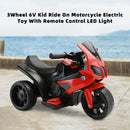Red 3-Wheel 6V Electric Motorcycle Toy for Kids with Remote Control and LED Lights.