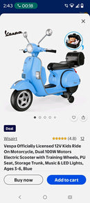 Wisairt 12V Blue Vespa-Inspired Ride-On Scooter for Kids