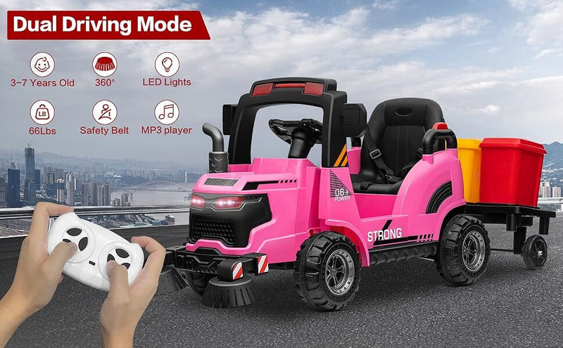 12V Kids Ride-On Construction Sweeper Truck with Trailer and Rubbish Bin Toy Car