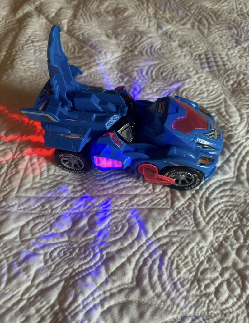Mechanical Transforming Dinosaur Car Toy with LED Lights and Sound in Blue and Red