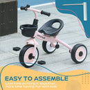 Adjustable Pink Tricycle for Toddlers with Basket and Bell, Ages 2-5