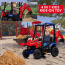 4-in-1 12V Electric Excavator Ride-On for Kids with Trailer and Front Loader