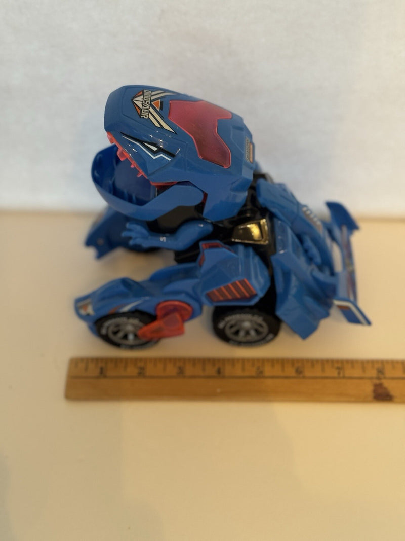 Mechanical Transforming Dinosaur Car Toy with LED Lights and Sound in Blue and Red