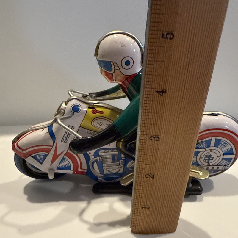 Vintage 1970s Mechanical Wind-Up Tin Toy Motorcycle