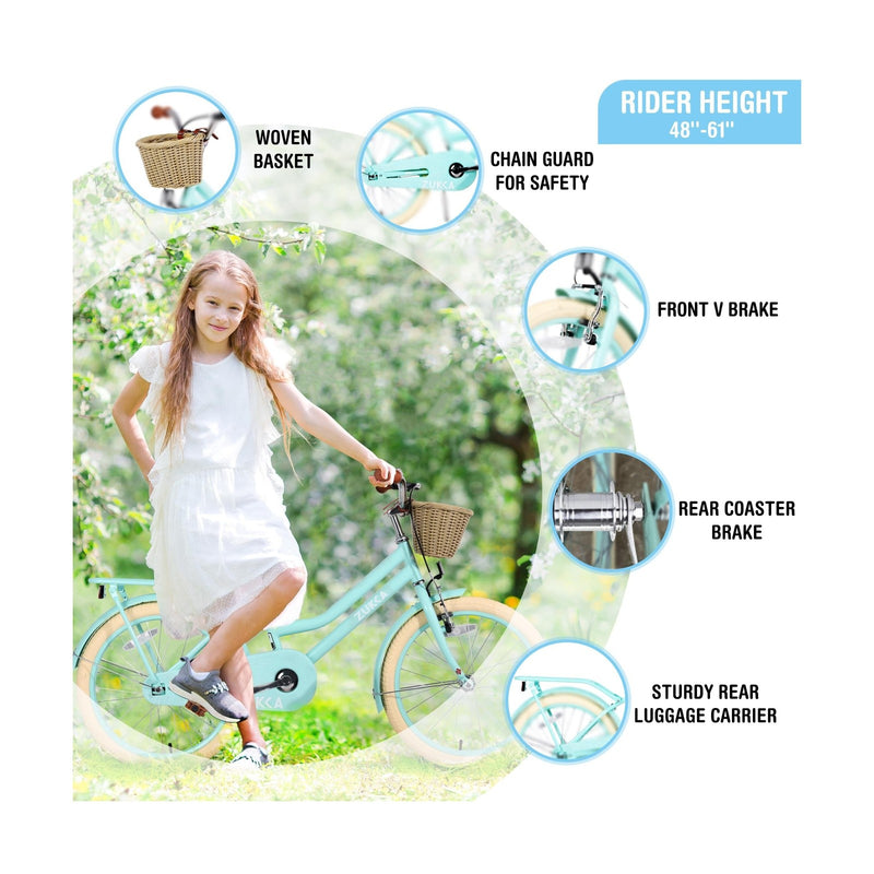 Kids 20/24 Inch Girls Cruiser Bike with Basket Single Speed
