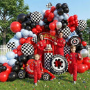 Race Car Balloon Arch Set - 184 Pieces with Flags, Tires, Checkered Patterns, and Red Balloons