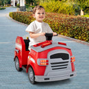 12V Red Ride-On Fire Truck for Toddlers with Shovel and Wrench