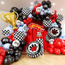 Race Car Balloon Arch Set - 162 Pieces with Trophies, Flags, Tires, Checkered Patterns, and Wheels