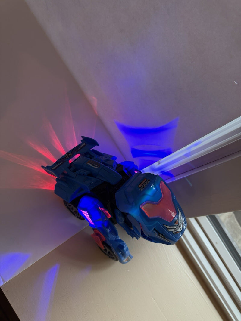 Mechanical Transforming Dinosaur Car Toy with LED Lights and Sound in Blue and Red