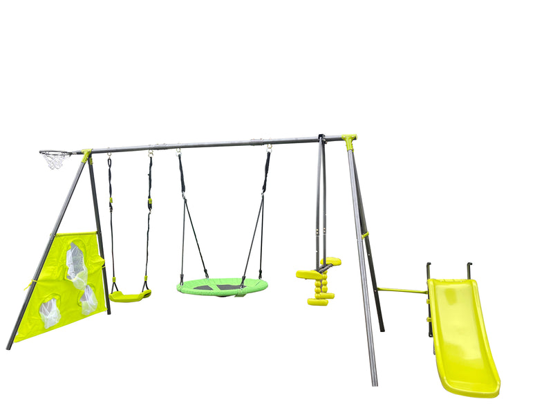 Six-Function Green and Blue Metal and Plastic Swingset with Net Swing