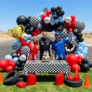 Race Car Balloon Arch Set - 162 Pieces with Trophies, Flags, Tires, Checkered Patterns, and Wheels
