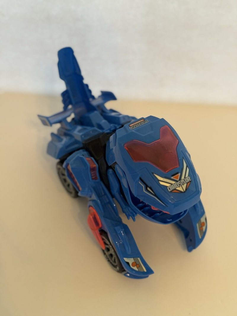 Mechanical Transforming Dinosaur Car Toy with LED Lights and Sound in Blue and Red