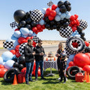 Race Car Balloon Arch Set - 184 Pieces with Flags, Tires, Checkered Patterns, and Red Balloons