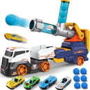 28" Ejection Transport Truck Playset with 4 Race Cars and 6 Foam Balls Featuring Lights and Sounds for Kids