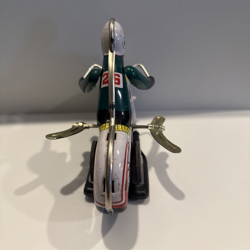 Vintage 1970s Mechanical Wind-Up Tin Toy Motorcycle
