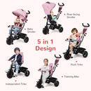 INFANS 6-in-1 Pink Kids Tricycle with Reversible Seat for Ages 9-60 Months