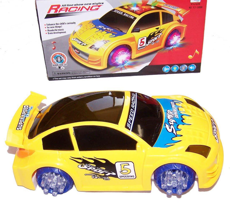 Yellow Battery-Operated Bump and Go Race Car Toy with Illuminated Lights and Flashing Music