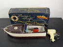 Classic Lang Craft Brown & White Wooden Toy Motorboat with Unused Engine and Original Box