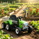 12V Green Electric Tractor with Trailer, Remote Control, Music, and Lights