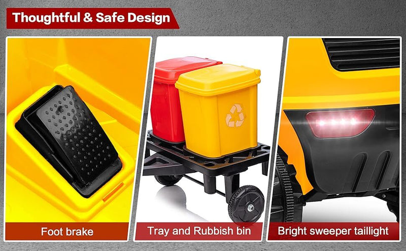 12V Kids Ride-On Construction Sweeper Truck with Trailer and Rubbish Bin Toy Car