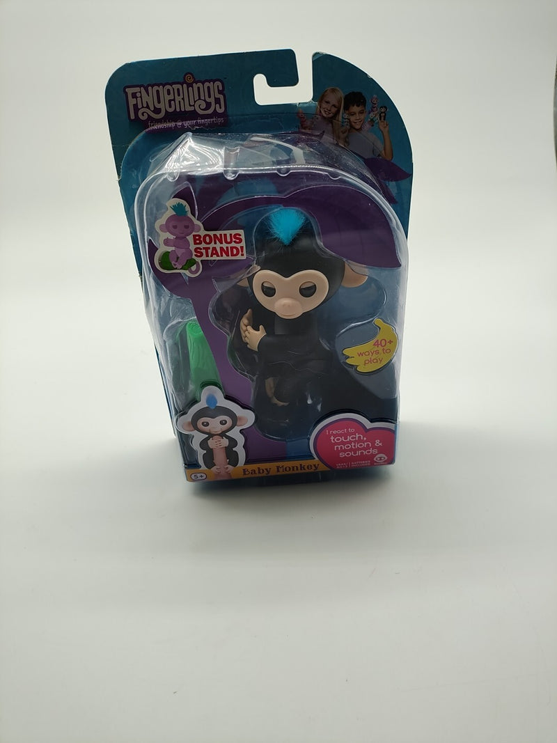 Interactive Baby Monkey Toy – Black with Blue Hair, Finger Sensing and Playful Sounds