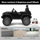 12V Black Kids Ride-On Truck with RC Control, Spring Suspension, LED Lights, and Music Trunk