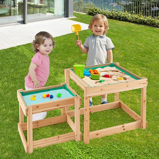 Wooden Sand and Water Table with Protective Cover for Kids, Natural Finish