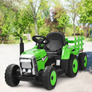 Honeyjoy 12V Green Ride-On Tractor with Trailer, Ground Loader, Remote Control, and Lights for Kids