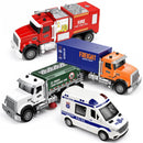 Set of 4 Friction-Driven Fire Truck and City Vehicle Toys for Children Ages 3-5 with Lights and More