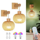 Set of 2 Boho Battery-Operated Wall Sconces with Wood and Bamboo Design