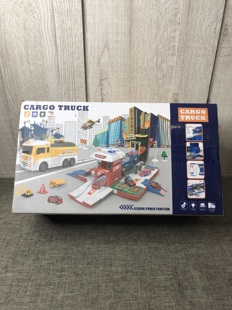Yellow Cargo Truck Toy Vehicle Playset with Scene Changes, Music, Lights, and Sounds