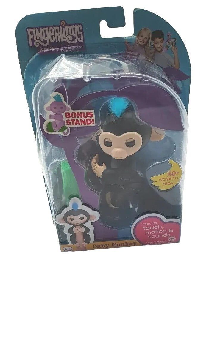 Interactive Baby Monkey Toy – Black with Blue Hair, Finger Sensing and Playful Sounds
