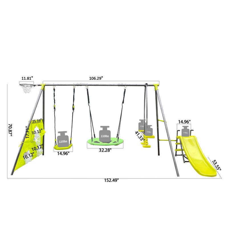 Six-Function Green and Blue Metal and Plastic Swingset with Net Swing