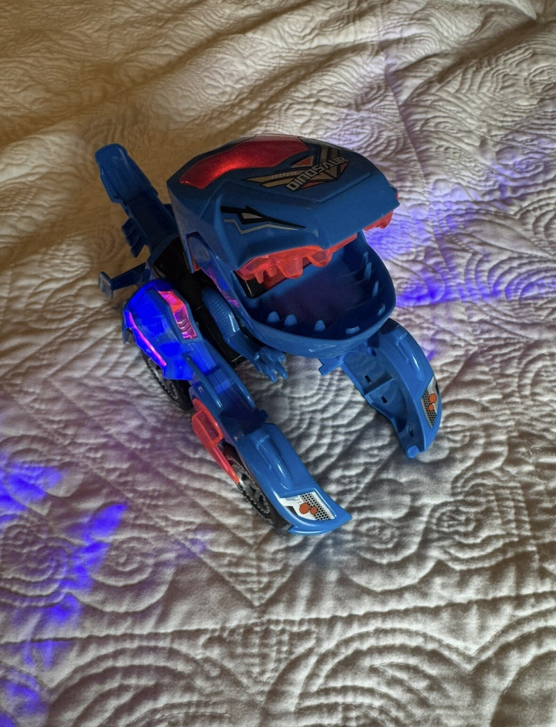 Mechanical Transforming Dinosaur Car Toy with LED Lights and Sound in Blue and Red