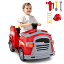 12V Red Ride-On Fire Truck for Toddlers with Shovel and Wrench
