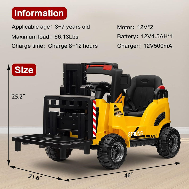 12V Kids Ride-On Forklift Toy Car with Horn for Pretend Construction Play