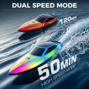 BEZGAR HJ825B Remote Control Boat Set - 10-inch Red and Blue with LED Lights, 120 Minutes Playtime, 15 KPH Speed