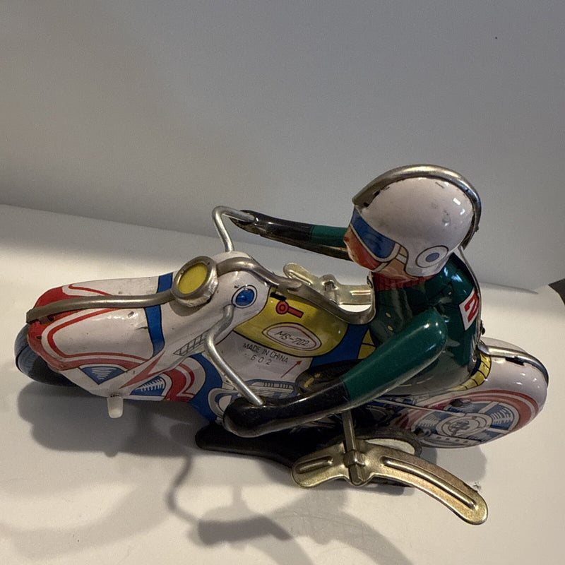 Vintage 1970s Mechanical Wind-Up Tin Toy Motorcycle