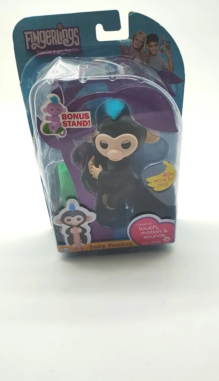 Interactive Baby Monkey Toy – Black with Blue Hair, Finger Sensing and Playful Sounds