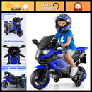 Blue 6V Kids Motorcycle with Training Wheels, Horn, Music, and Headlight for Ages 3+