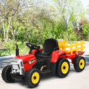 Honeyjoy 12V Red Kids Ride-On Tractor with Trailer, Remote Control, and Lights
